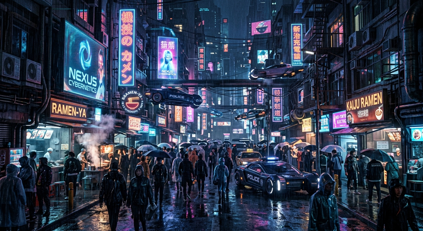 Neon-lit cyberpunk street at night, rain reflections, holographic billboards, dense crowd, futuristic vehicles, ultra detailed, blade runner aesthetic