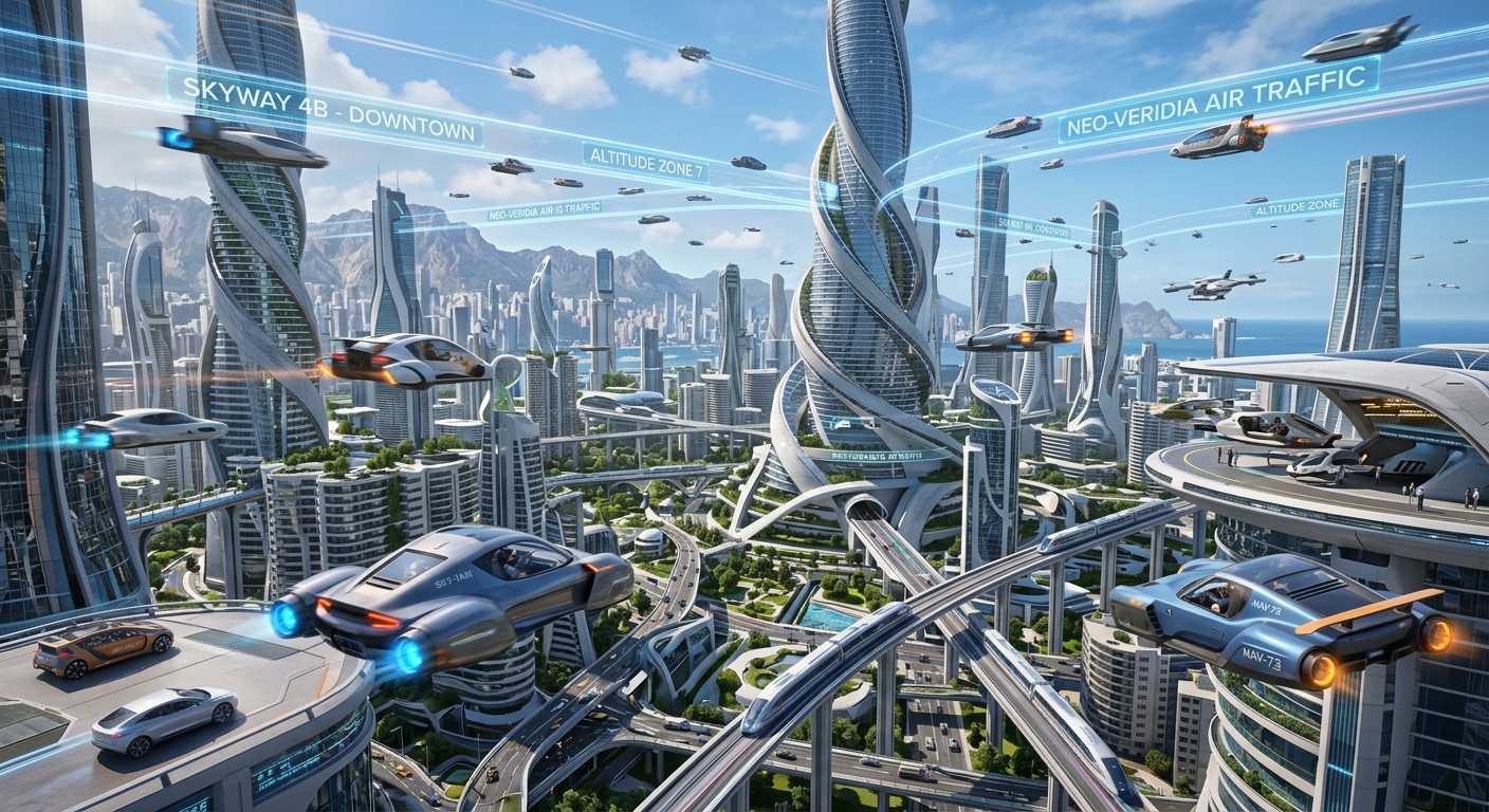a futuristic city with flying cars