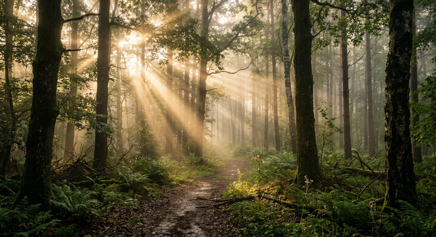 A serene forest with morning mist and rays of sunlight cutting through, cinematic, photorealistic, ultra detailed