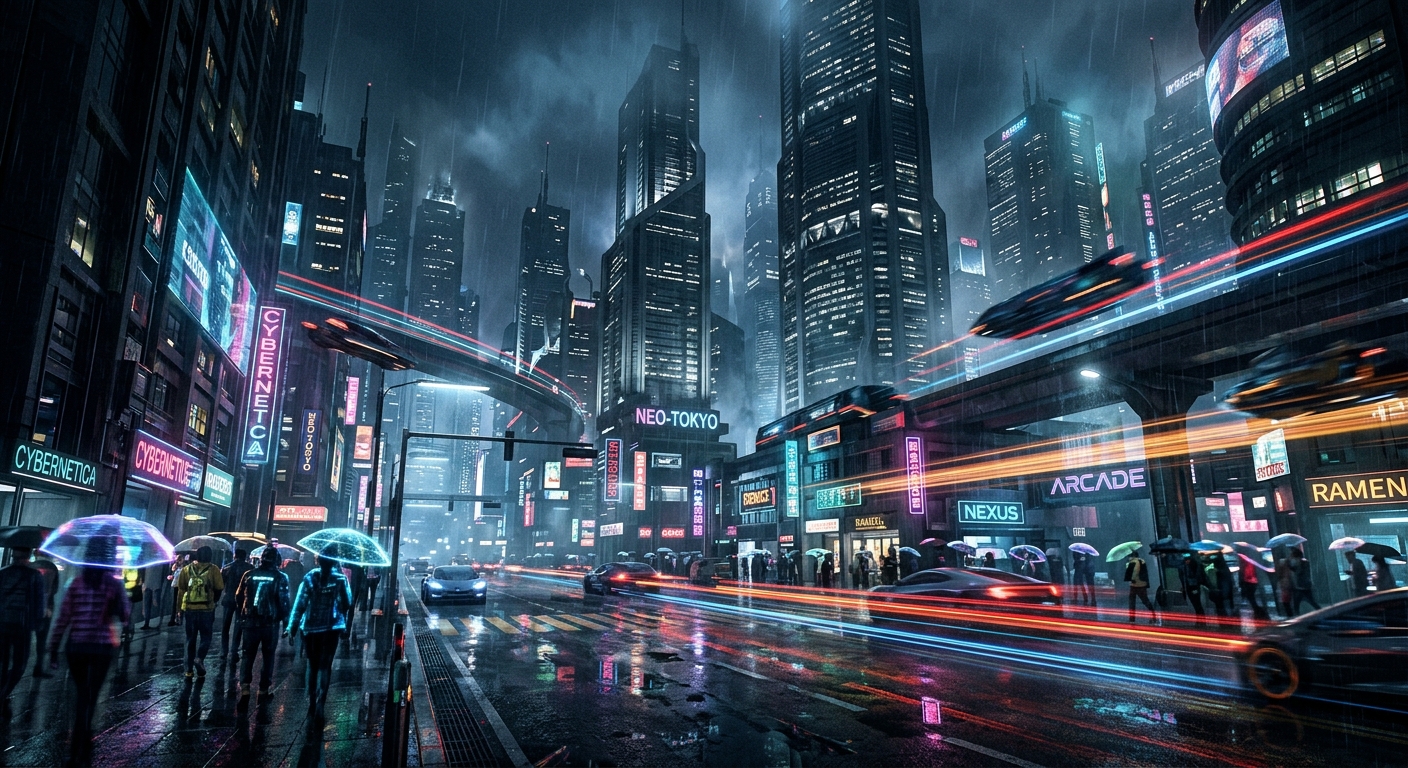 A dynamic, ultra-photorealistic cinematic shot of a sprawling, futuristic metropolis at a rain-drenched night. Towering, sleek skyscrapers with glowing windows pierce the dark, misty sky, their reflections shimmering vividly on the wet, obsidian-like streets below. Vibrant neon signs cast a kaleidoscope of colors across the scene, creating long, streaking light trails from constant traffic of futuristic vehicles and the blurred motion of pedestrians with holographic umbrellas. The perspective is a dramatic, slightly low-angle street view, capturing the immense scale and the dense, electric atmosphere of the bustling urban canyon. Deep shadows, high contrast, anamorphic lens, intricate architectural details, volumetric lighting, neo-noir aesthetic.
