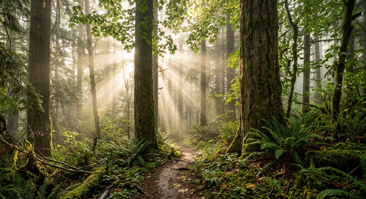 A serene forest with morning mist and rays of sunlight cutting through, cinematic, photorealistic, ultra detailed