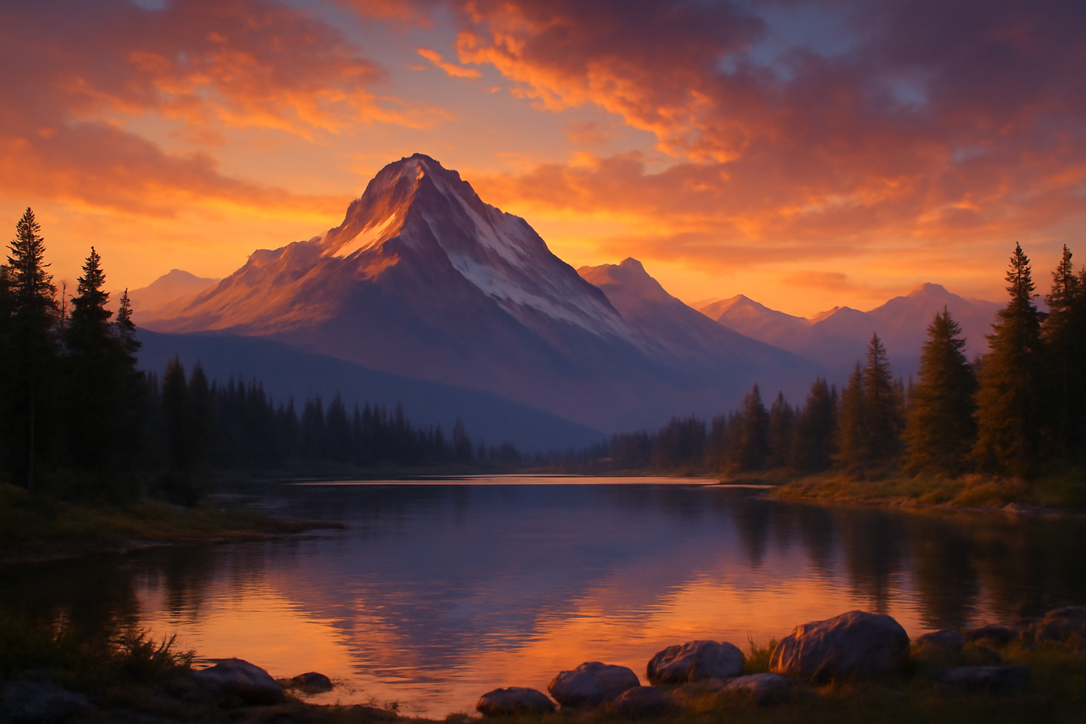 a serene mountain landscape at sunset