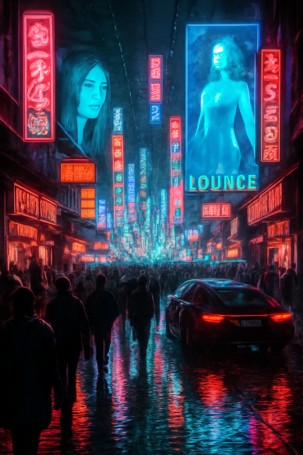 Neon-lit cyberpunk street at night, rain reflections, holographic billboards, dense crowd, futuristic vehicles, ultra detailed, blade runner aesthetic
