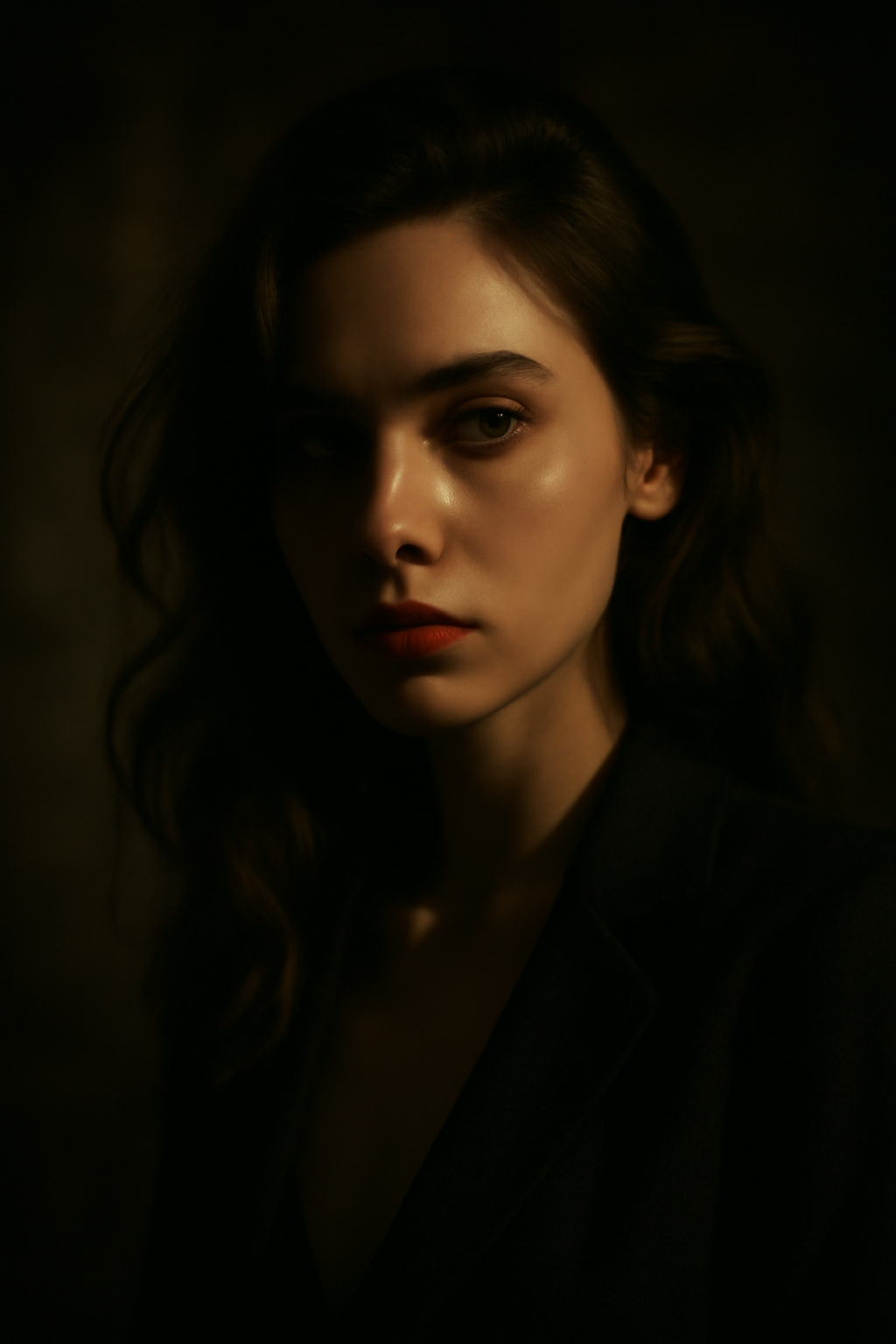 Portrait of a mysterious woman in dramatic light, editorial style, cinematic, 85mm lens