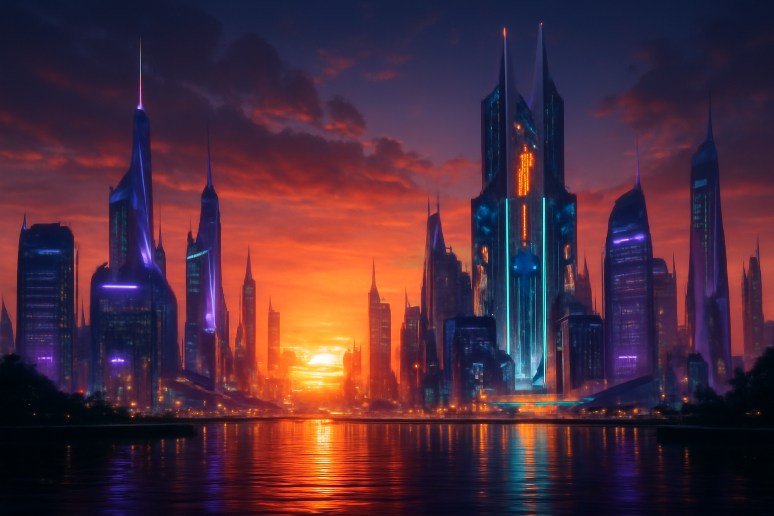 An awe-inspiring futuristic city skyline at sunset, glowing neon accents, cinematic composition, ultra detailed