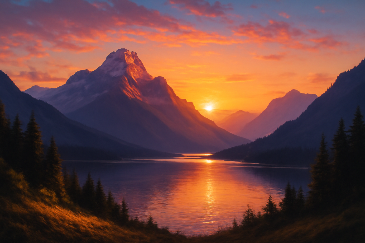 a serene mountain landscape at sunset